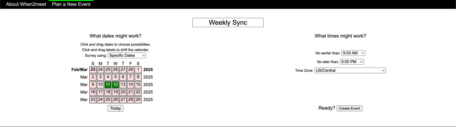 Setting up an event on When2Meet.com