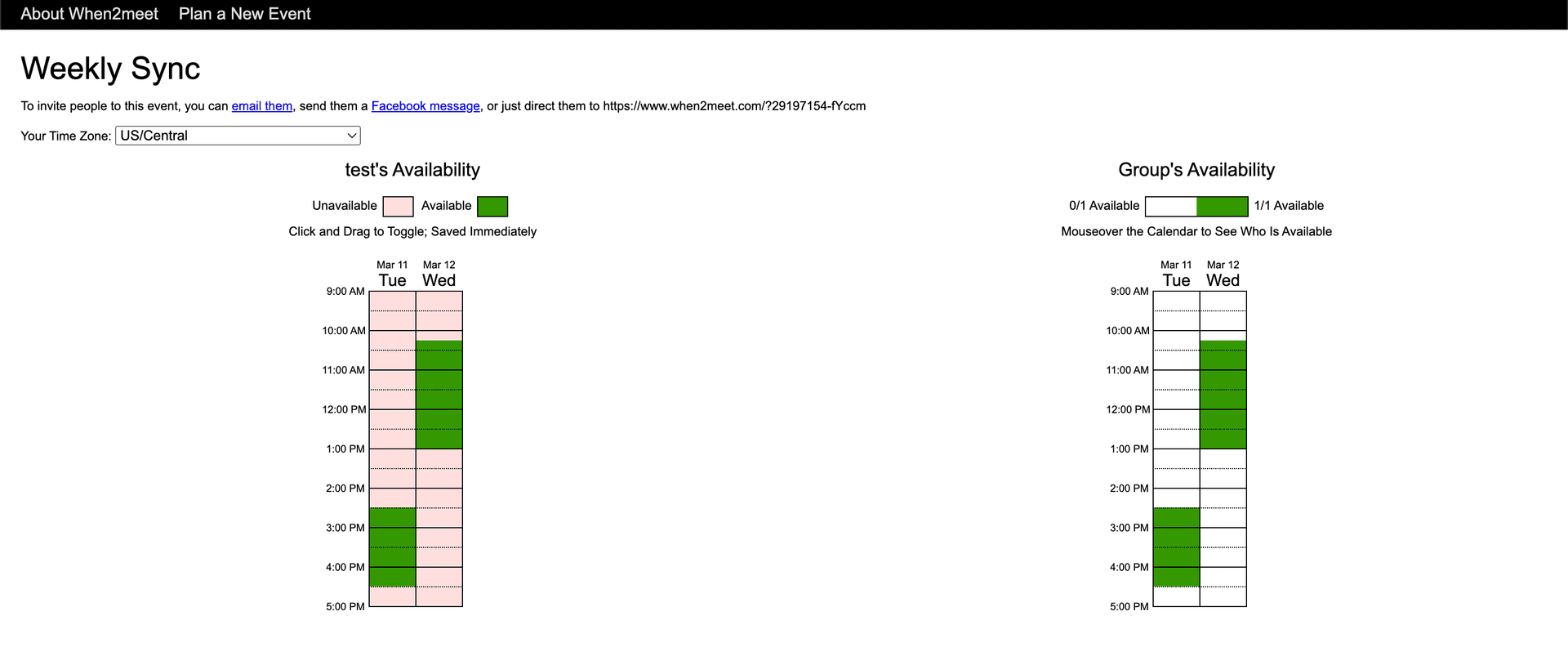 Selecting times on When2Meet
