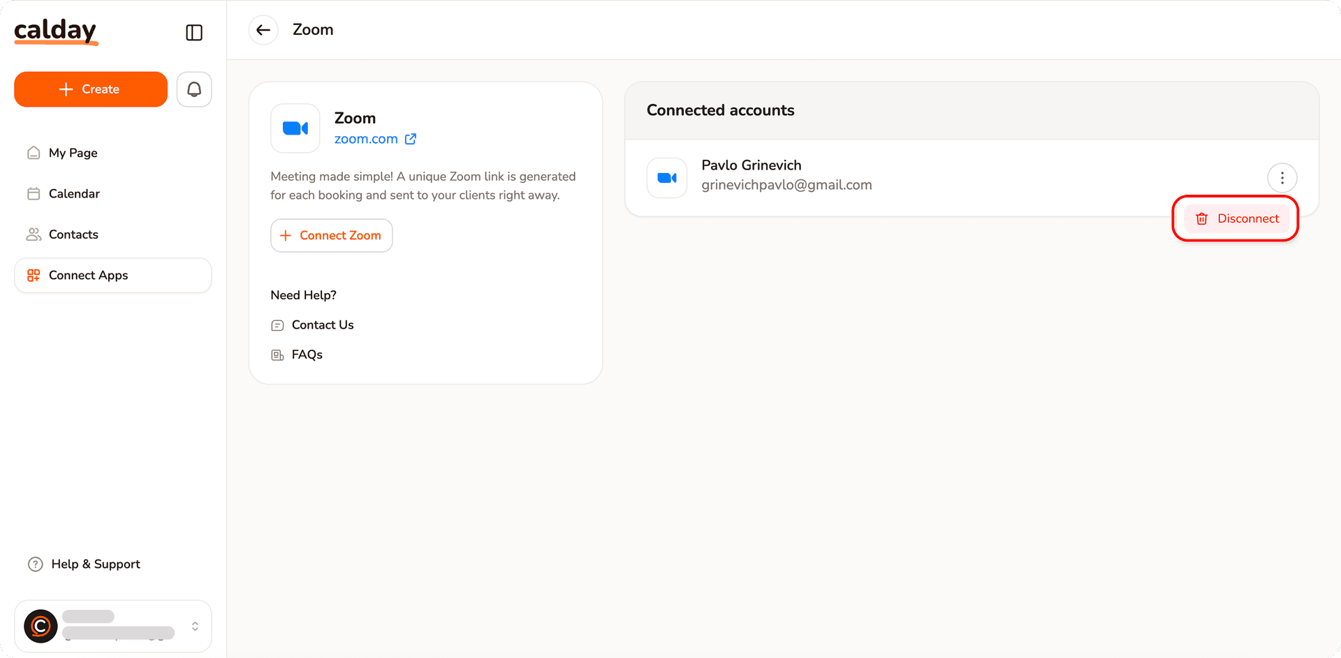 Click on "disconnect" item in dropdown menu