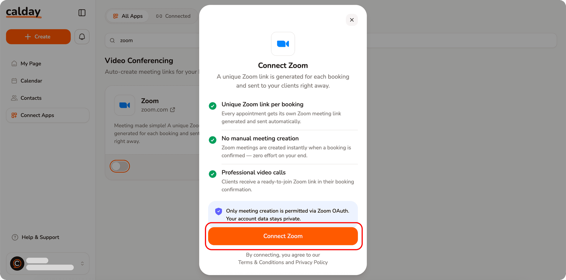 Click on "connect zoom" and complete Zoom Auth