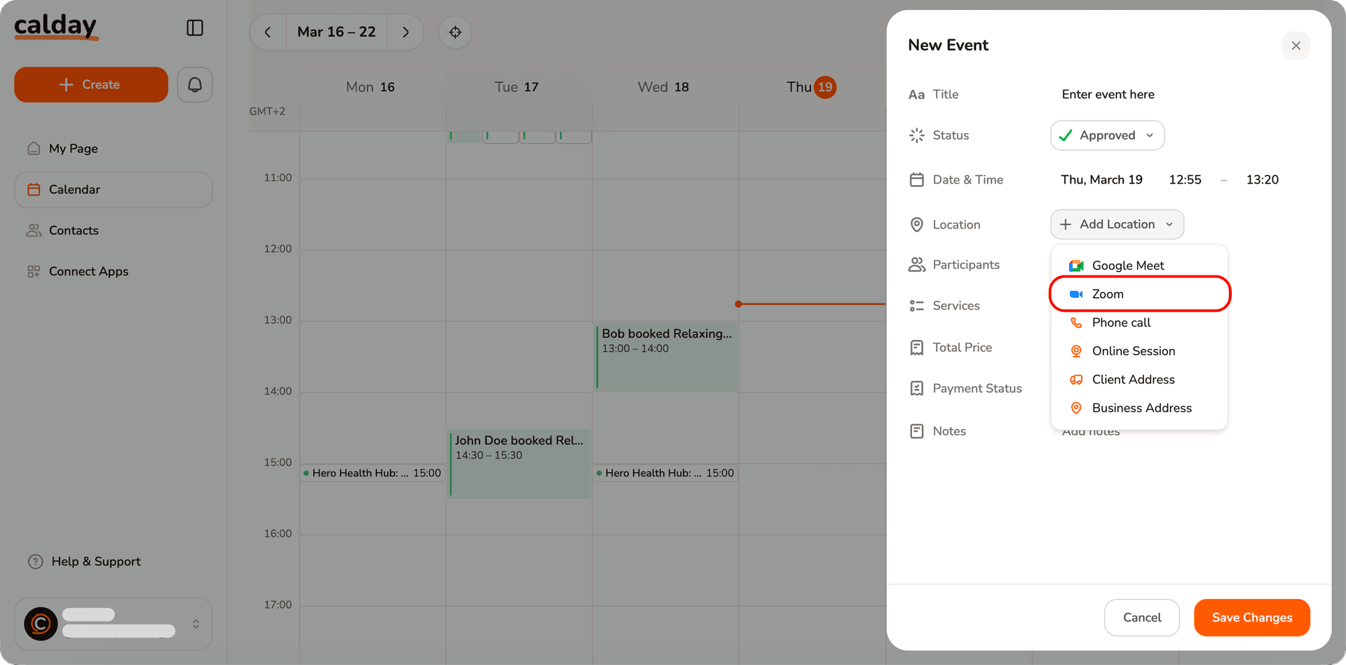 Pick zoom as location in event creation form